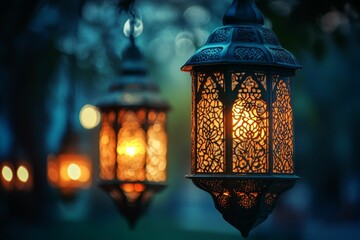 Ornate lanterns glow softly in the twilight.