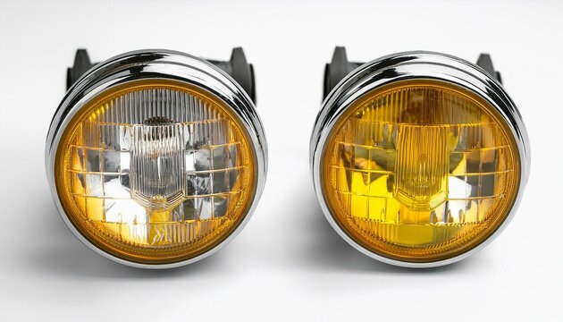 Pair of vintage-style yellow fog lights with a chrome bezel.