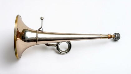 A gleaming brass horn, a vintage musical instrument, rests against a stark white backdrop.