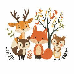 Naklejka premium Cute forest animals illustration with fox, deer, and squirrel