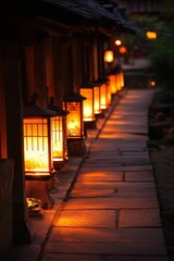 Fototapeta premium Illuminated pathway, lanterns lining stone walkway.
