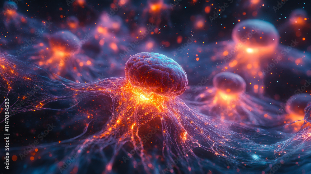 Poster intricate neural network transmitting neurotransmitters with glowing synapses