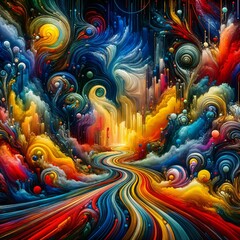 A vibrant array of swirling colors merges with dreamlike celestial forms, creating a surreal landscape. A pathway of multicolored stripes leads towards a glowing horizon, (Gen, A.I.)