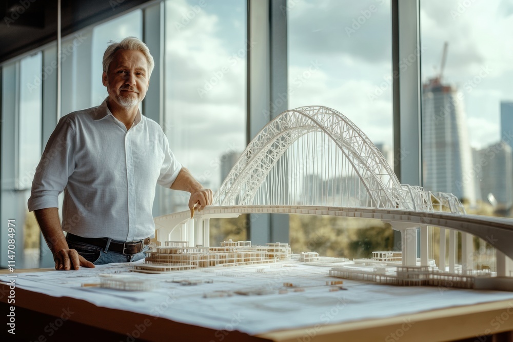 Poster Civil engineer presents a detailed bridge model in office space with city backdrop during daytime. Generative AI