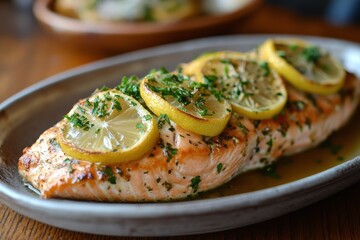 Fresh salmon fillets garnished with lemon slices and herbs on a white platter ready for serving at a family
