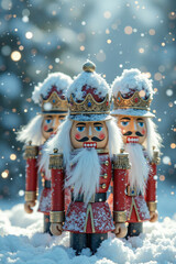 Nutcracker figurines, festive, covered in snow, standing in a winter wonderland with bokeh lights