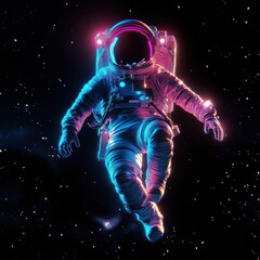 Fototapeta premium Astronaut floating in vibrant neon space.
