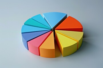 Obraz premium Colorful 3d pie chart is standing on a blue surface, representing market share division and business success