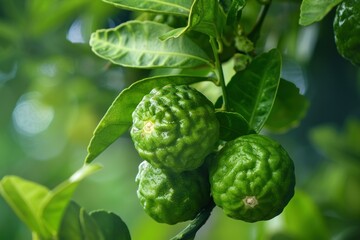 Close up view of bergamot fruits growing on tree branch