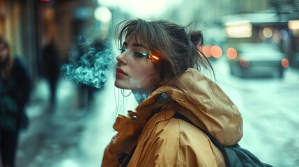 Obraz premium futuristic winter fashion: tech-integrated warm jackets with glowing elements set against a snowy city street - perfect for sports interior posters and modern décor!