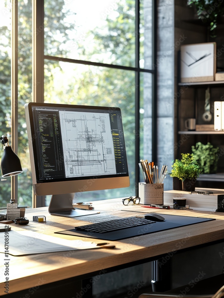 Poster modern engineering desk with computer and tools in a bright workspace surrounded by greenery. genera