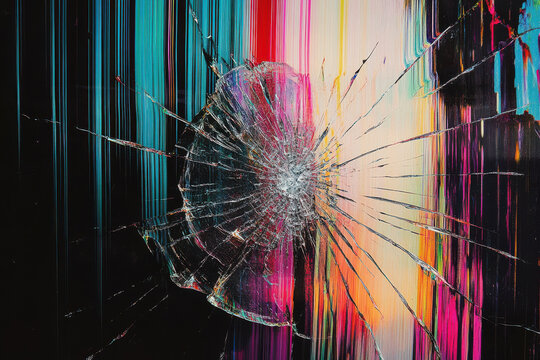 close up of a cracked smashed lcd tv screen with static. Cracked smart phone or tablet device