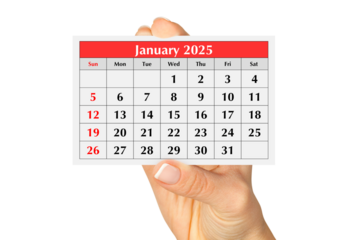Page of the annual monthly calendar January 2025 in hand. Isolated on transparent png