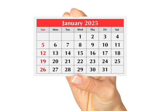 Page of the annual monthly calendar January 2025 in hand. Isolated on transparent png