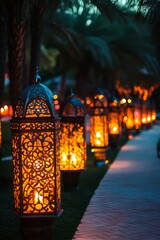 Illuminated lanterns line pathway, nighttime scene.