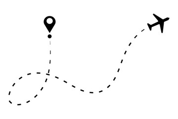 an airplane's flight path with a dashed line trace and a start point marker