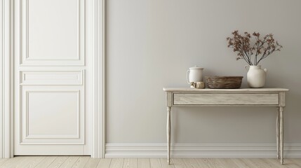 Elegant Home Interior Console Table White Door Dried Flowers
