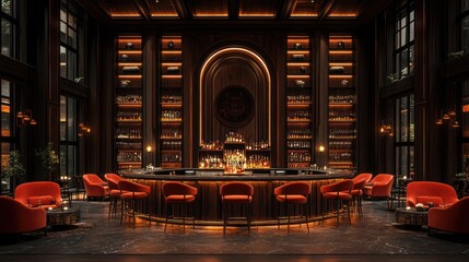 Luxurious dark wood bar with red velvet chairs and extensive liquor selection.