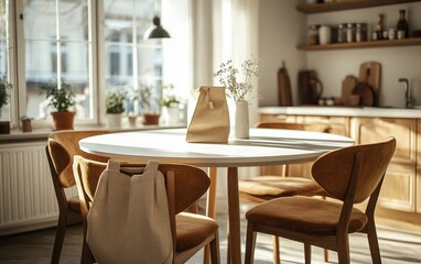 Cozy dining area with modern wooden furniture and sunny window light in a stylish kitchen environment during the