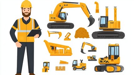 Construction Foreman with Hard Hat and Tablet on White Background