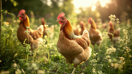 Fototapeta premium Close-up of a group of chickens foraging for insects in a sunlit, natural setting surrounded by tall grass, weeds, and textured soil.