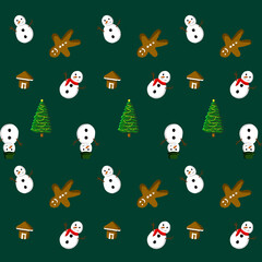 Obraz premium Festive Holiday Pattern Featuring Christmas Trees, snowman, and gingerbread Decorations