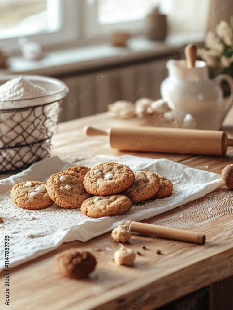 Poster freshly baked cookies on a rustic kitchen countertop with ample copy space for your favorite recipe 