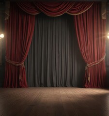 Empty theatrical stage with velvet curtains, spotlight ready, illumination, spotlights, lights