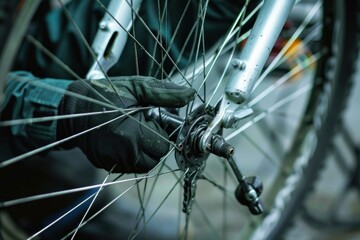 Mechanic wearing gloves using tool to repair a mountain bike wheel in a workshop