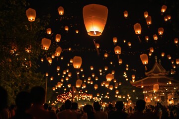 Glowing lanterns ascend, night sky filled with light.