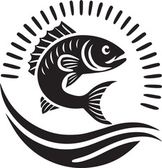 Stylish black and white fish logo with stylized waves vector art illustration