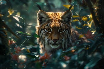Obraz premium A majestic tiger gazes through lush foliage, showcasing its vibrant stripes and intense gaze in a serene natural setting.