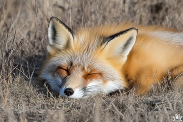 Fototapeta premium Red fox resting peacefully on a grassy patch in the wilderness during a sunny day in autumn, surrounded by dry