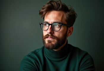 Obraz premium A thoughtful man with a beard, wearing glasses and a green turtleneck, looks pensively off to the side.