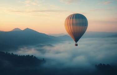 Fototapeta premium Hot air balloon soaring above misty mountains at dawn with a serene landscape and soft pastel colors