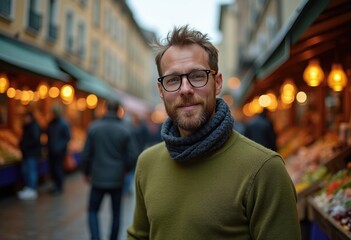 Fototapeta premium A man with glasses and a scarf smiles gently at a bustling outdoor market.