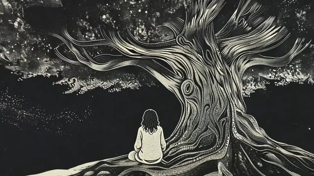 A young girl sits quietly under the sprawling roots of an ancient, weathered tree, symbolizing wisdom and age.