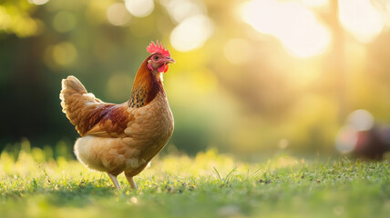 Close-up of a single free-range chicken standing on a patch of grass, with blurred greenery and soft light in the background, perfect for farm-to-table visuals.