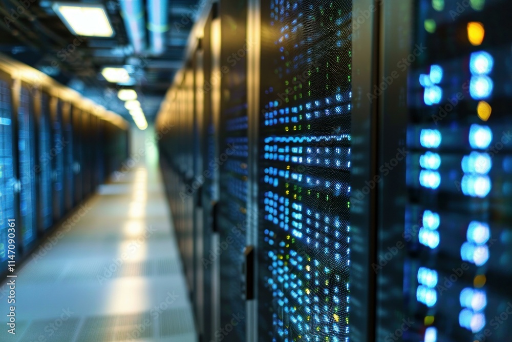 Poster server room equipment blinking lights showing data processing activity