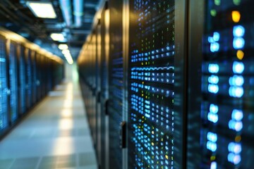 Server room equipment blinking lights showing data processing activity