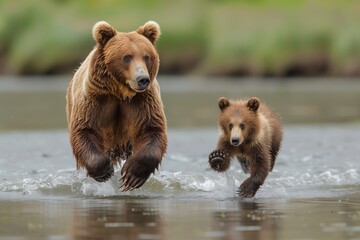 Obraz premium A playful brown bear and its cub running through a tranquil stream, showcasing the beauty of nature and wildlife.