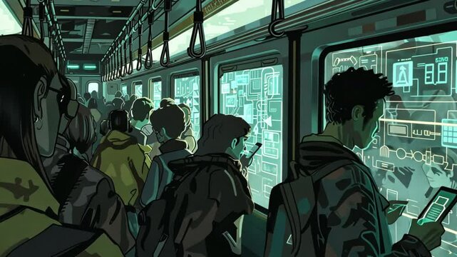A crowded futuristic subway with passengers glued to their phones, representing disconnection in a hyperconnected world.