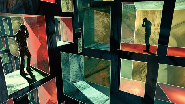 Shadowy human figures are enclosed within rigid, boxlike frames, symbolizing societal constraints and lack of freedom.