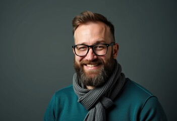 Fototapeta premium A happy man with a beard and glasses smiles warmly at the camera, wearing a teal sweater and gray scarf.