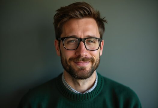 A smiling man with glasses and a beard, wearing a green sweater against a muted background.