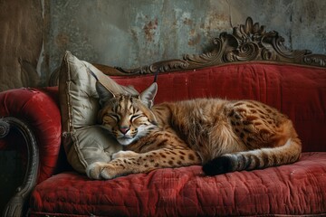 A relaxed lynx resting comfortably on a vintage red couch, exuding tranquility and elegance in a serene setting.