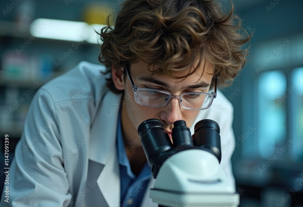 Poster A young scientist intently examines a sample under a microscope in a laboratory setting.