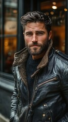 Obraz premium Stylish man with beard wearing leather jacket poses confidently outside a trendy cafe in the city during late
