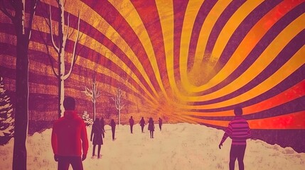 Naklejka premium captivating digital art installation: people engage with futuristic design in a snowy park – perfect for sports interior posters showcasing vibrant winter vibes.