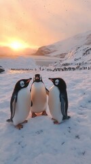 Obraz premium Group of penguins huddling together during a colorful sunset in Antarctica surrounded by snow and ice formations